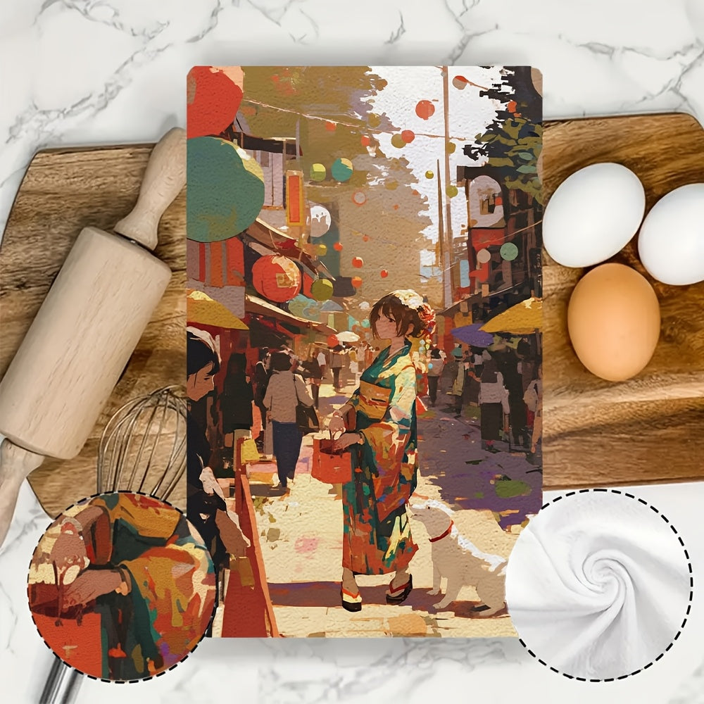 Two pieces of ultra soft kitchen towels perfect for a day of wandering through a local art festival or street fair. These highly absorbent dish hand towels are ideal for holiday decor and are machine washable. Each towel measures 16x24 inches. Item code