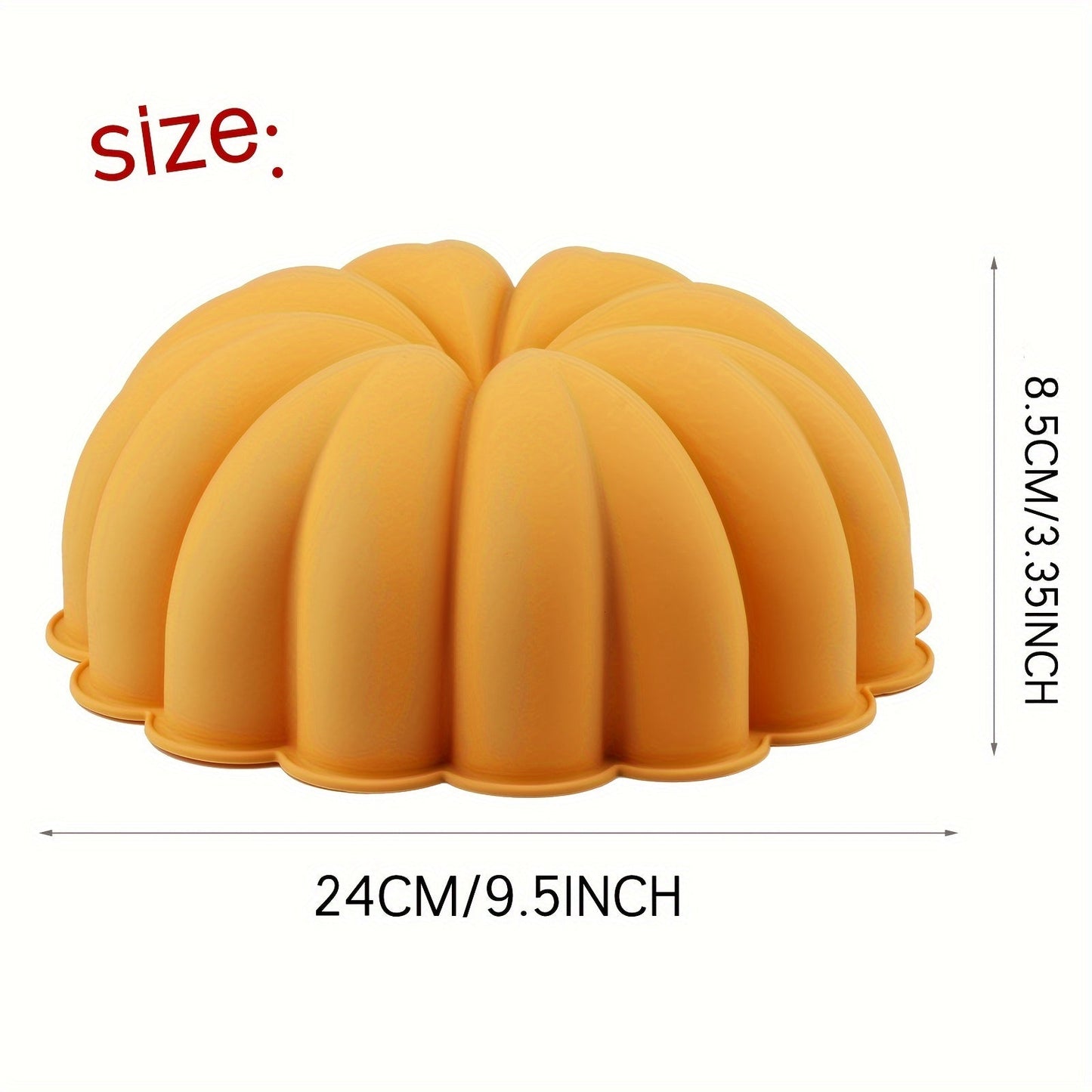 Large pumpkin-shaped non-stick food grade silicone mold for baking, perfect for gelatin, bread, jelly, and chiffon. Soft and easy to release. Diameter: 22.86 cm.