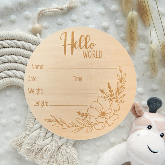 Wooden plaque engraved with "Hello World" - perfect for announcing a new arrival and displaying photos for new moms.