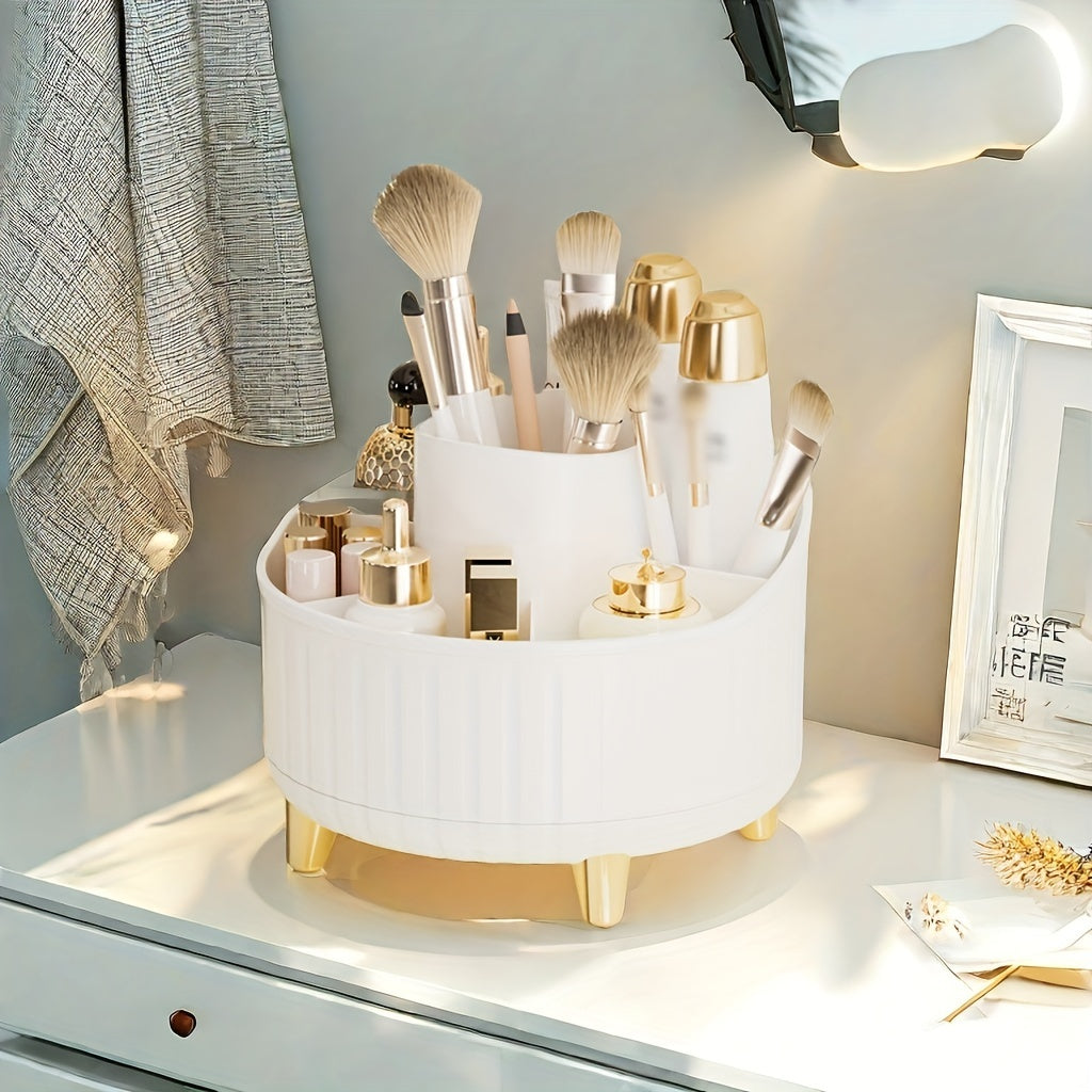 Rotating Pink & Golden Makeup Organizer with Multiple Compartments and Brush Holder, Perfect for Vanity or Bathroom Countertop.