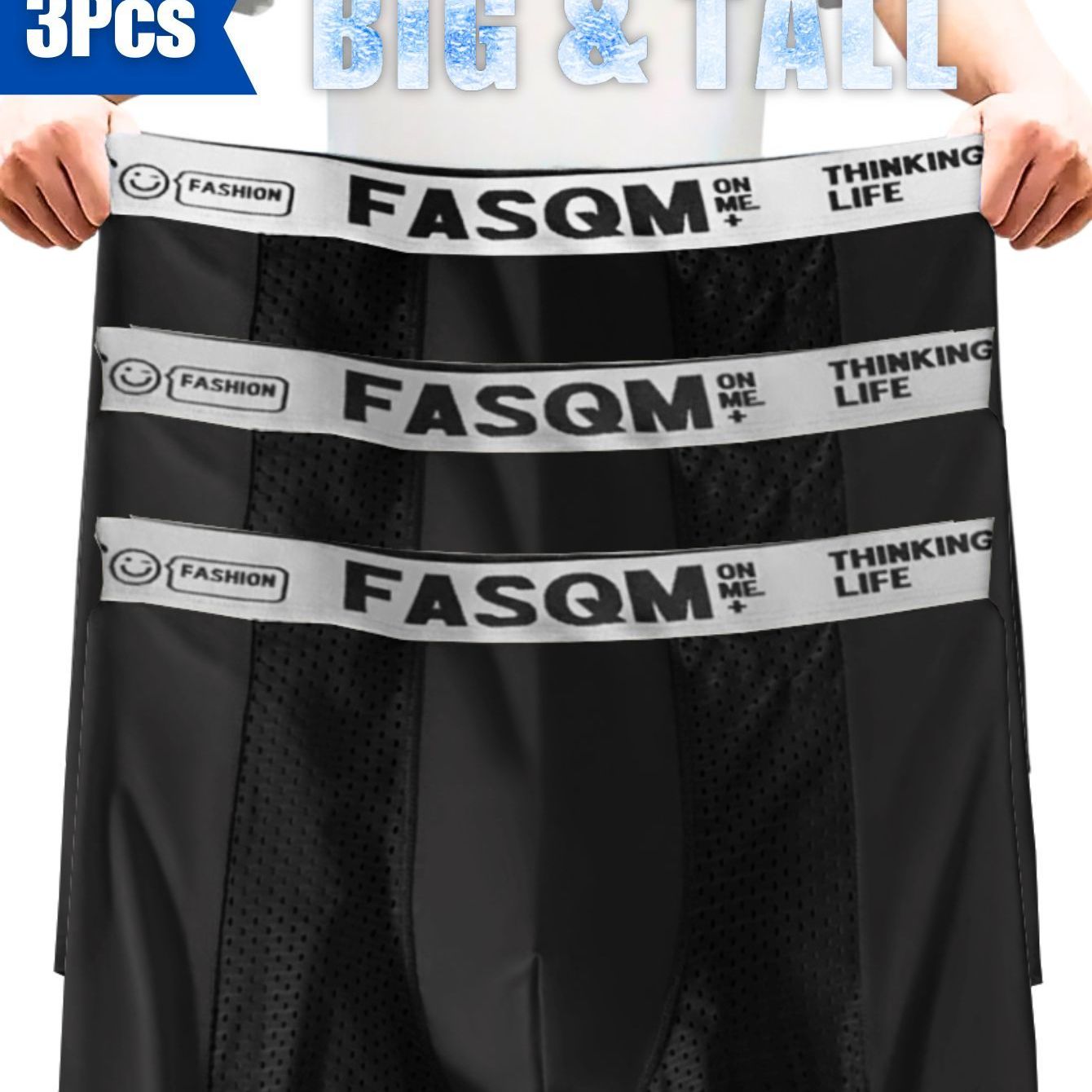 Plus Size Men's Ice Charm Boxer Briefs with Mesh Patch Breathable Stretchy Trunks in Green, Sky Blue, Black, or Deep Gray with Contrast Letter Print Waist Band, PLUS SIZE