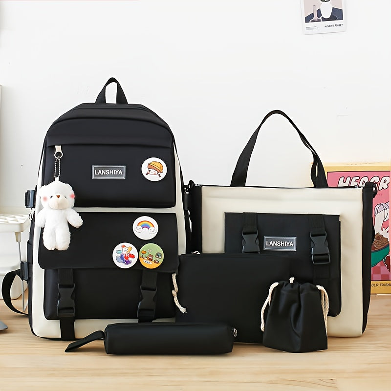 5-piece school bag set includes canvas backpack with plush bear, badge, coin purse, pencil case, handbag storage pouch, and crossbody bag for college. Cute style with stitching detail and