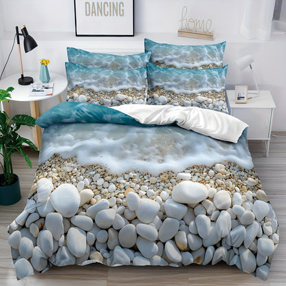 3-piece Serene Beach Pebble Bedding Set: Soft & breathable polyester duvet cover and pillowcases with oceanic blue and white marble pattern. Features zip closure and is machine washable for