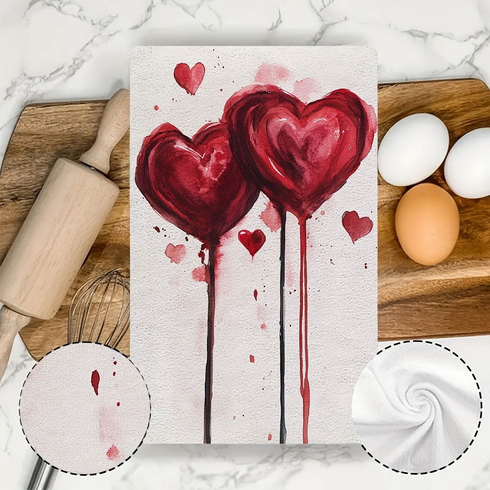 Two pieces of ultra soft kitchen towels featuring a Valentine's Vibes heart design. These towels are highly absorbent, machine washable, and perfect for drying dishes. With a contemporary style, they measure 40.64x60.96 cm each.