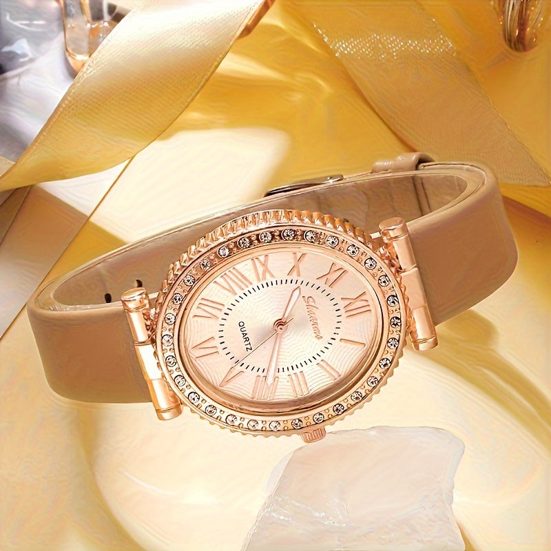 Luxurious 5-piece women's watch set with rhinestone quartz. Chic oval case with PU leather strap. Elegant gift for Mom or her. Fashionable timepiece with classic design.