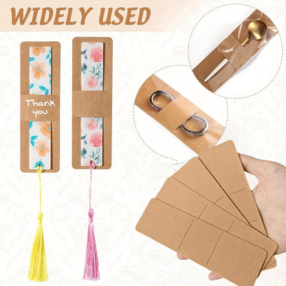 Set of 200 Kraft Paper Bookmark Clips with Transparent Self Adhesive Bags, DIY Blank Bookmark Display Card Covers, Fashionable Wood Jewelry Making Tools.