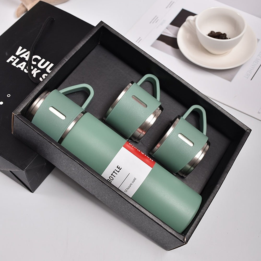 Set of stainless steel vacuum insulated flasks - includes a portable coffee mug and thermal bottle perfect for use in the office, for business purposes, and while traveling.