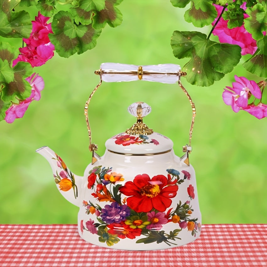 Vintage Floral Design Enamel Tea Kettle with Handle - Large Capacity Stovetop Teapot for Classic Afternoon Tea in the Garden, Handcrafted with Traditional Expertise - Non-Electric