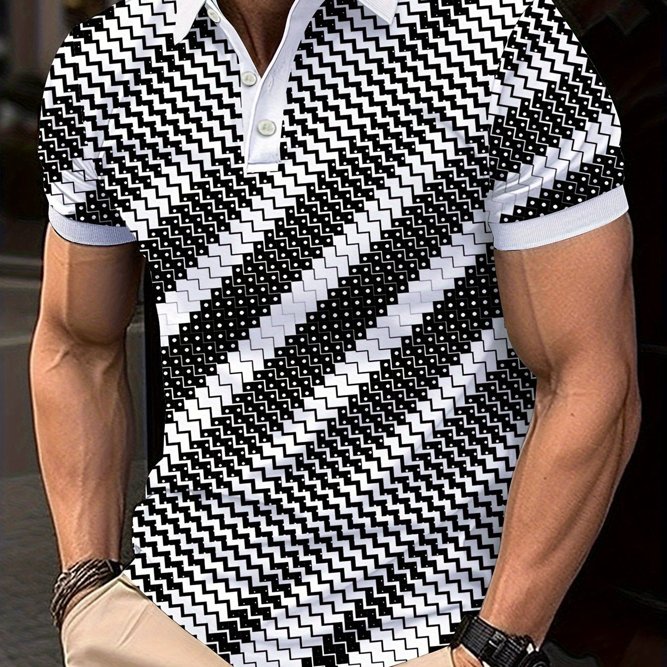 Men's geometric pattern short sleeve lapel t-shirt for summer, casual trendy streetwear top, ideal as a gift.