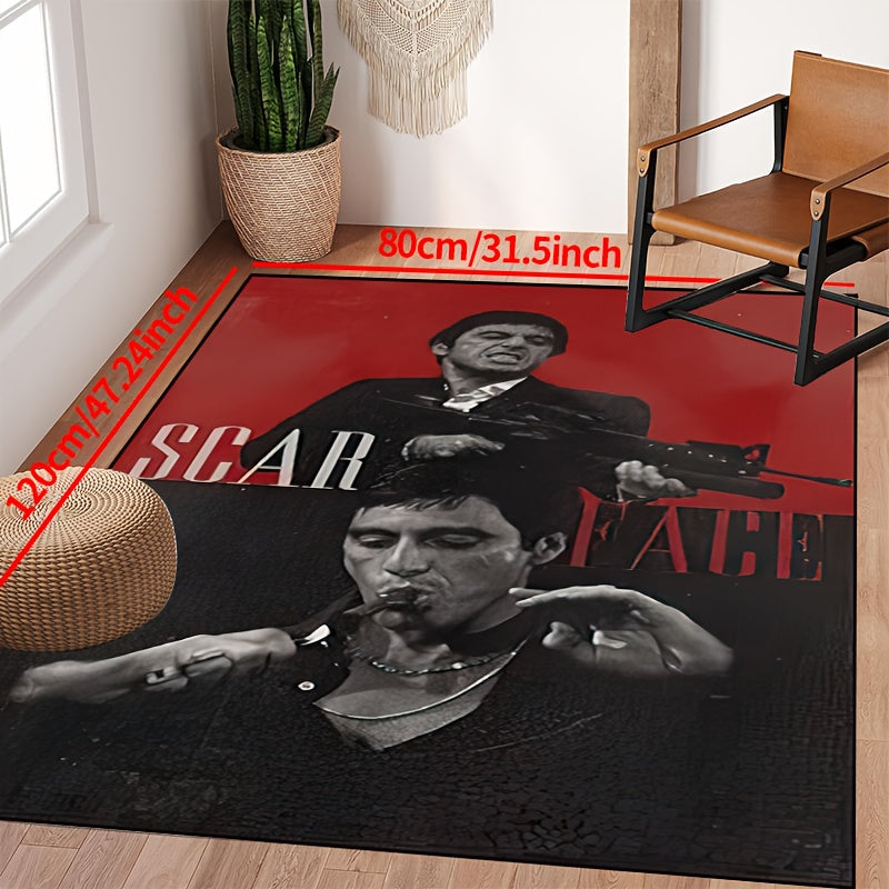 Area rug featuring a scarred man with a cigar and gun design, made of durable polyester, non-slip, and machine washable. Perfect for use in the living room, bedroom, hallway, or even outdoor spaces. Available in various sizes: 15x23, 19x31, 31x47, 39x59