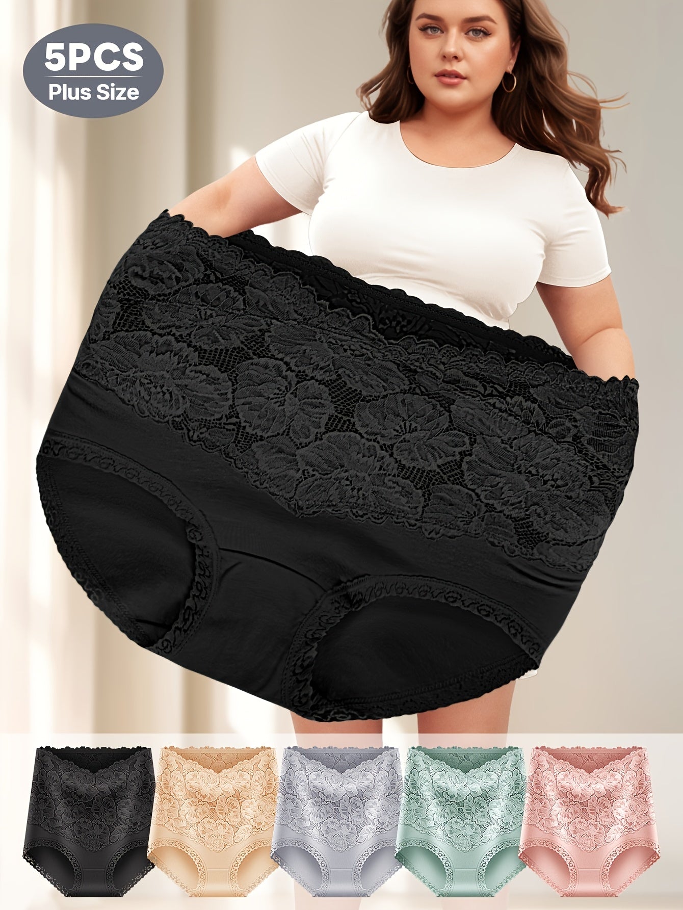 5 pieces of high-waist tummy control panties with lace trim, butt lift, and slimming design for plus-size women