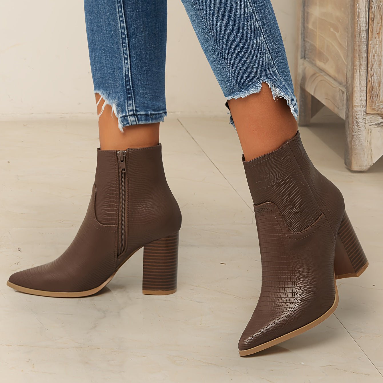 Women's Casual Solid Color Boots with Side Zipper, Soft Sole, Chunky Heel, Point Toe, and Slim Winter Style.