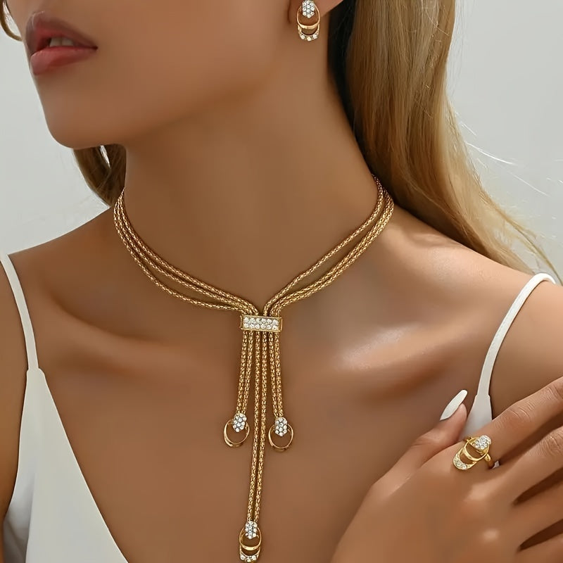 Luxurious Boho Street Style Jewelry Set - Includes Necklace, Earrings, Bracelet, and Ring | 14K Gold Plated Zinc Alloy with Rhinestone Details | Ideal for Weddings, Parties, and Gifts | Perfect for Spring Festivals and Year-Round Wear