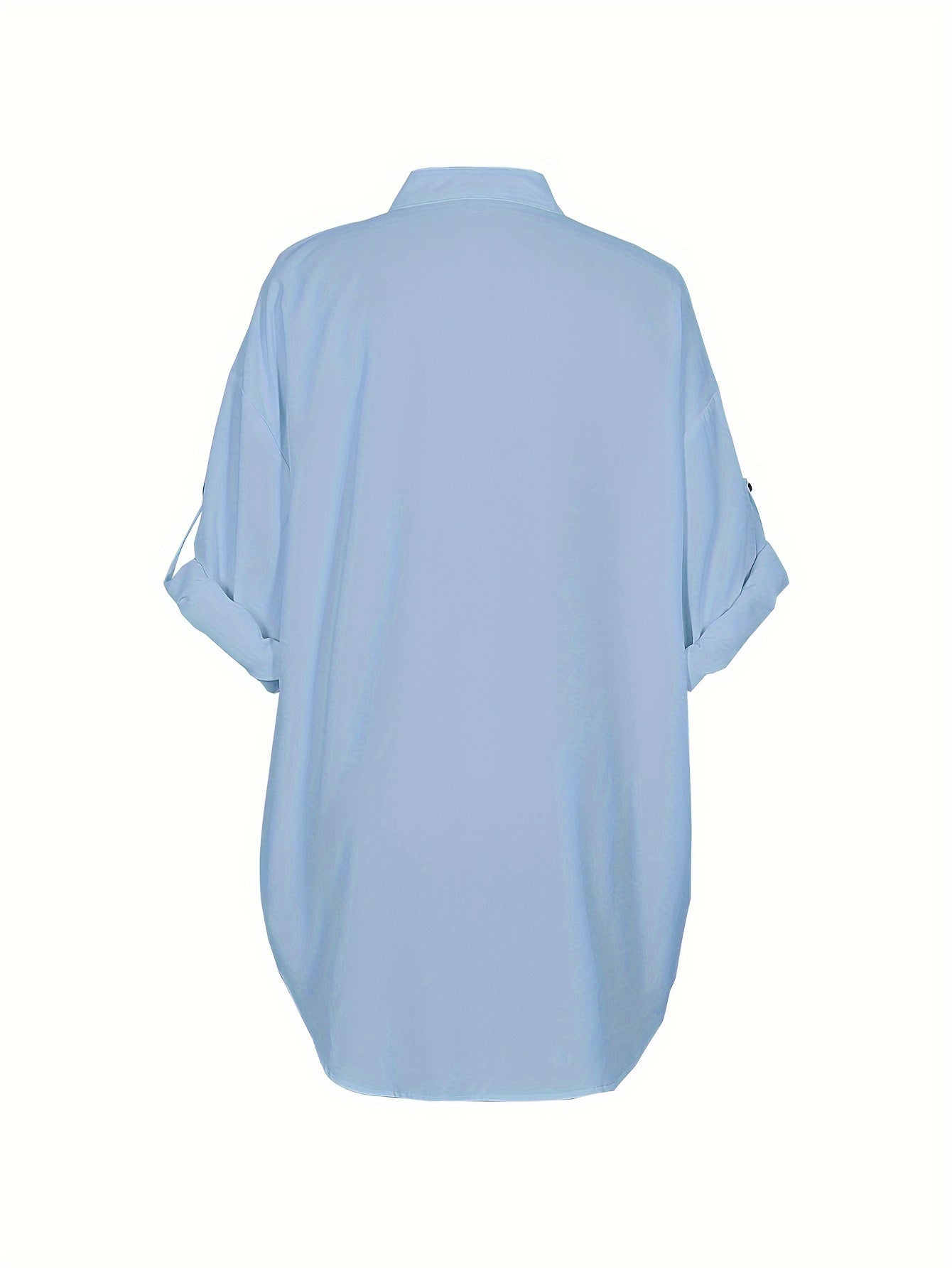 Women's Plus Size Casual Button-Up Shirt in Light Blue with Short Sleeves and Front Pocket, Ideal for Spring/Summer/Fall, Relaxed Fit, Non-Stretch Fabric.