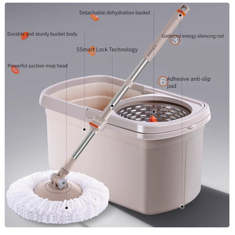 The David Spin Mop and Bucket Set features a stainless steel handle, easy wring system, hands-free washing, and automatic drying. Perfect for use in the living room, bedroom, bathroom, toilet, and kitchen - no electricity required.