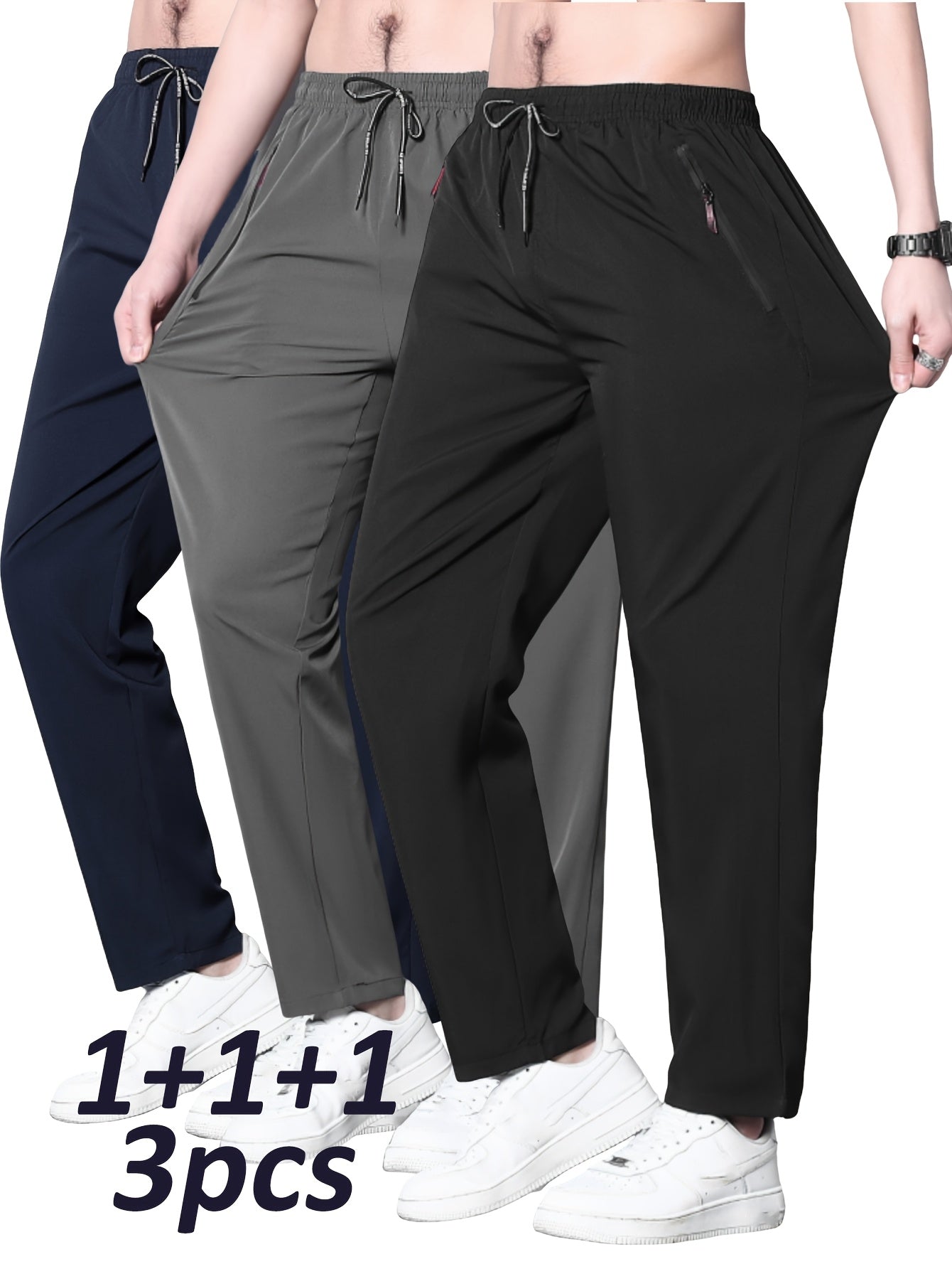 3-Pack Men's Plus Size Athletic Long Pants, Summer Fashion Comfortable Sports Trousers, Casual Outing Pants, 100% Polyester, Zipper Detail, Regular Fit