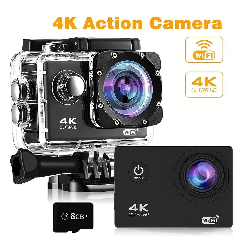 4K Ultra HD Action Camera with WiFi, Remote Control, 8GB Card, and 170° Wide-Angle Lens - Capture Your Adventures in High Definition