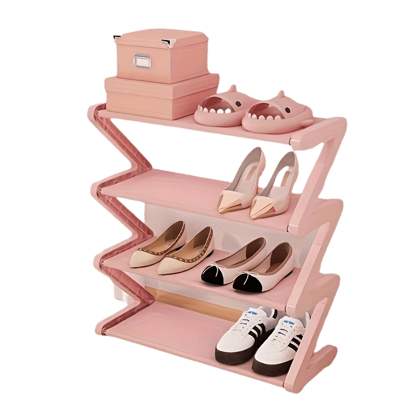 Z-Shaped shoe rack with 4 tiers, plastic, easy assembly, stackable for home or dorm room.