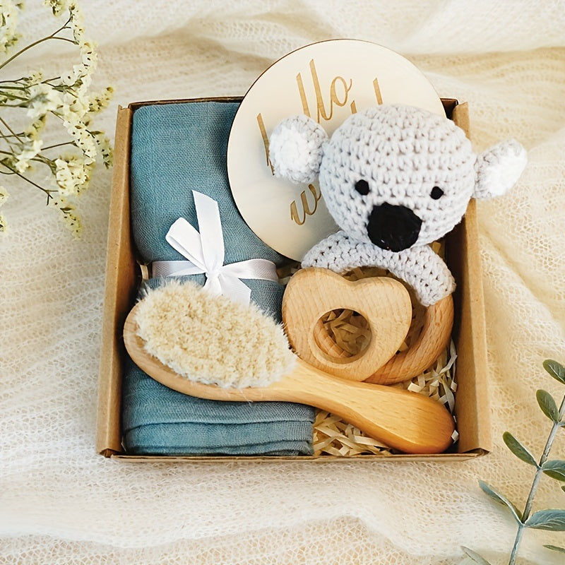 Artisanal Children's Gift Set - Luxuriously Soft Bamboo Towel, Gentle Goat Hair Brush & Adorable Beechwood Koala Rattle with Personalized 'Hello World' Card - Ideal Baby Shower Keepsake