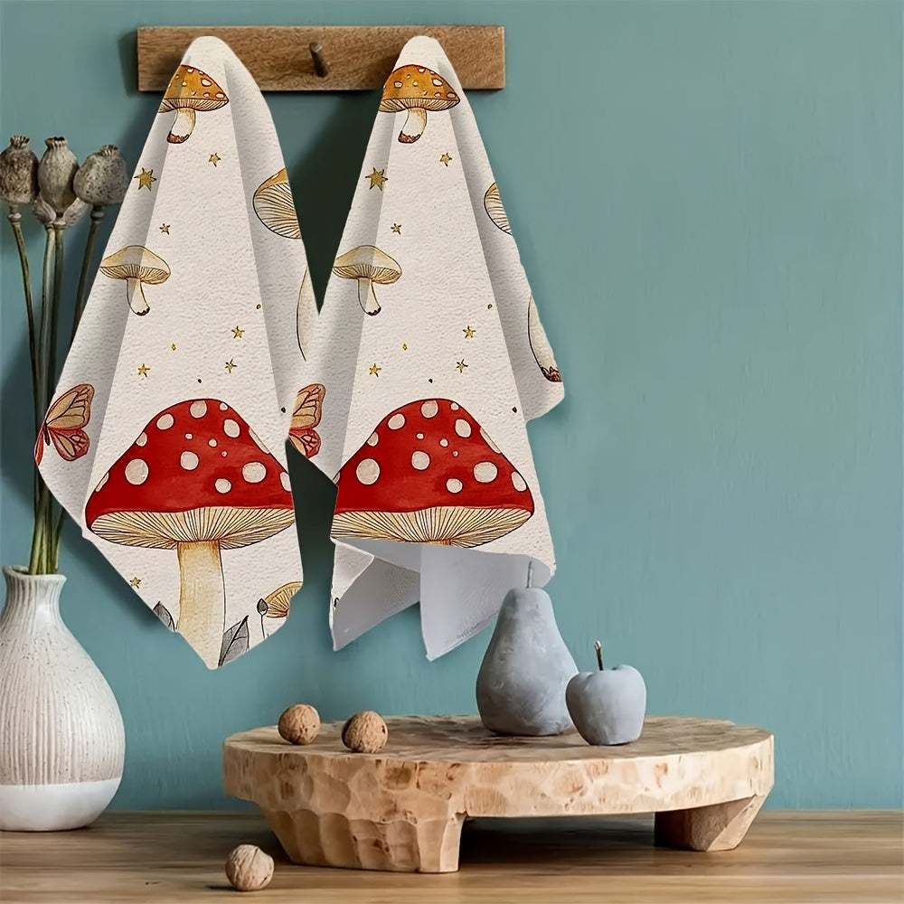 Two whimsical mushroom and butterfly kitchen towels made from ultra soft and highly absorbent polyester. These dish cloths are machine washable and measure 40.64x60.96 cm. Perfect for adding a touch of holiday decor to your kitchen, these towels are both