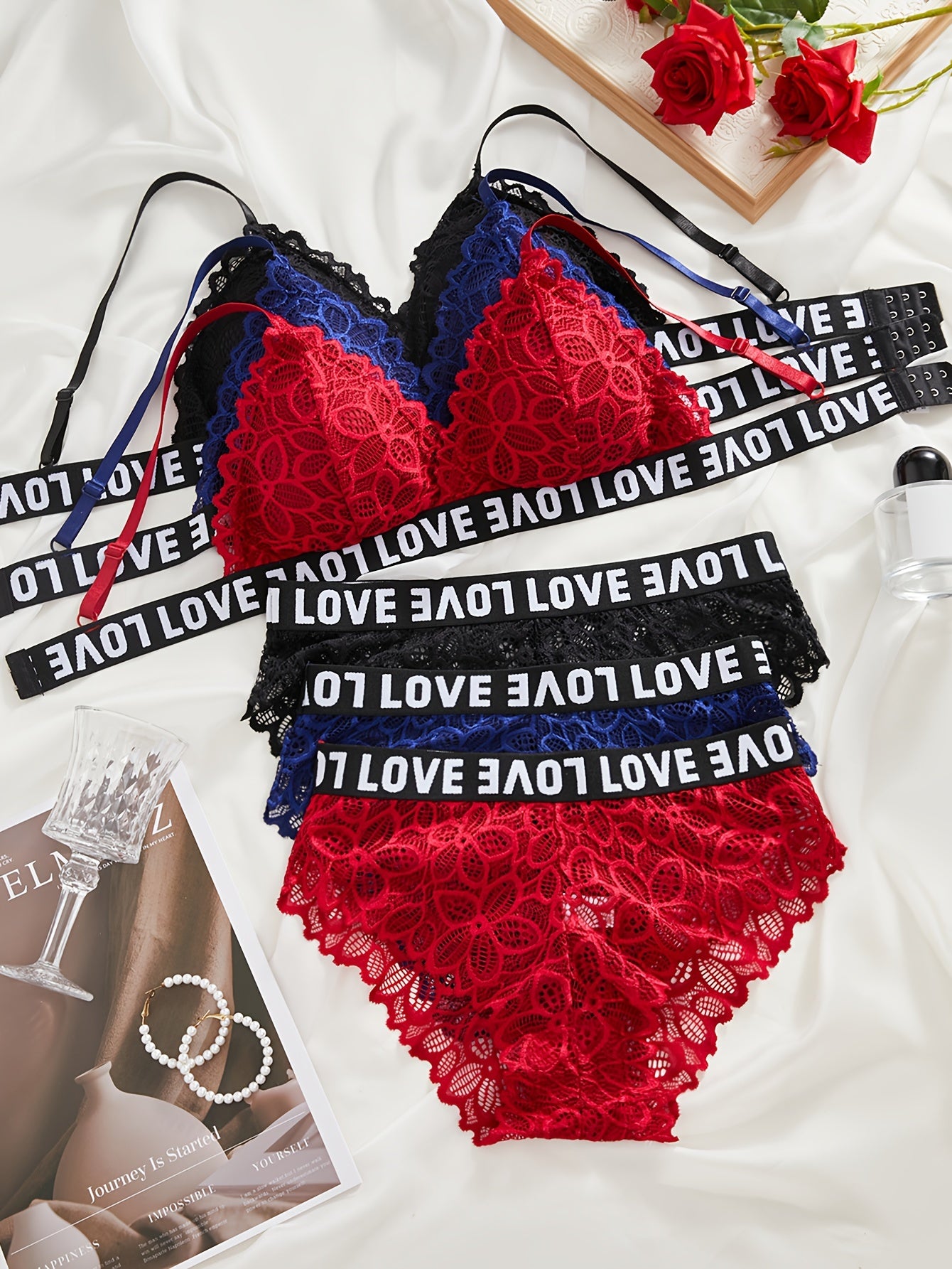 Valentine's Day lingerie set with lace details for women, including bra and panties in contrasting colors.