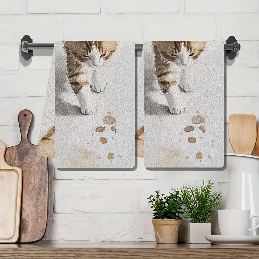 2 pieces of ultra soft kitchen towels, featuring the delicate steps of a kitten as it tiptoes. These highly absorbent dish hand towels are perfect for holiday decor. They are machine washable and measure 16x24 inches. Item number: 2KYSYS1218474