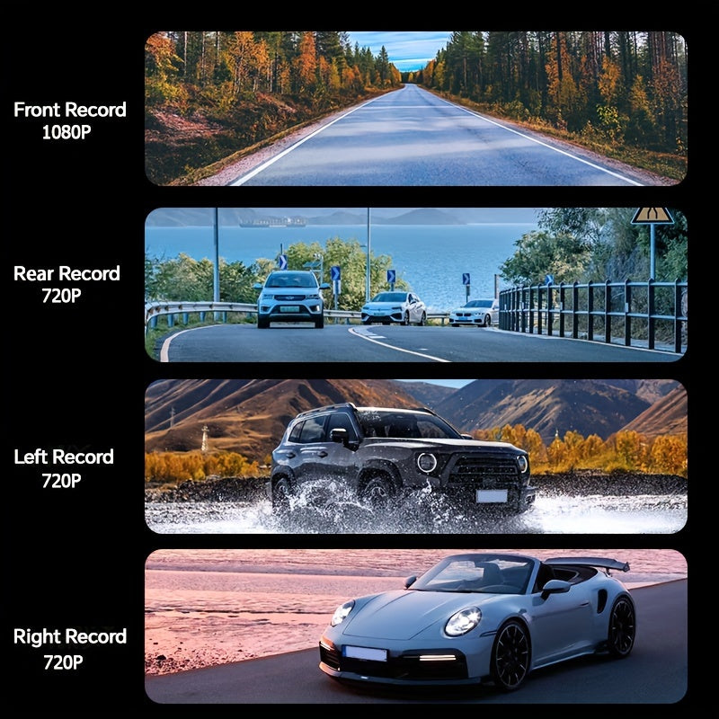 4 Channel Vehicle Camera with 1080P Car DVR Video Recorder for Driving Dash Cam. Features 1080P front and 720P left/right rear night vision, loop recording, and 24H parking monitor.