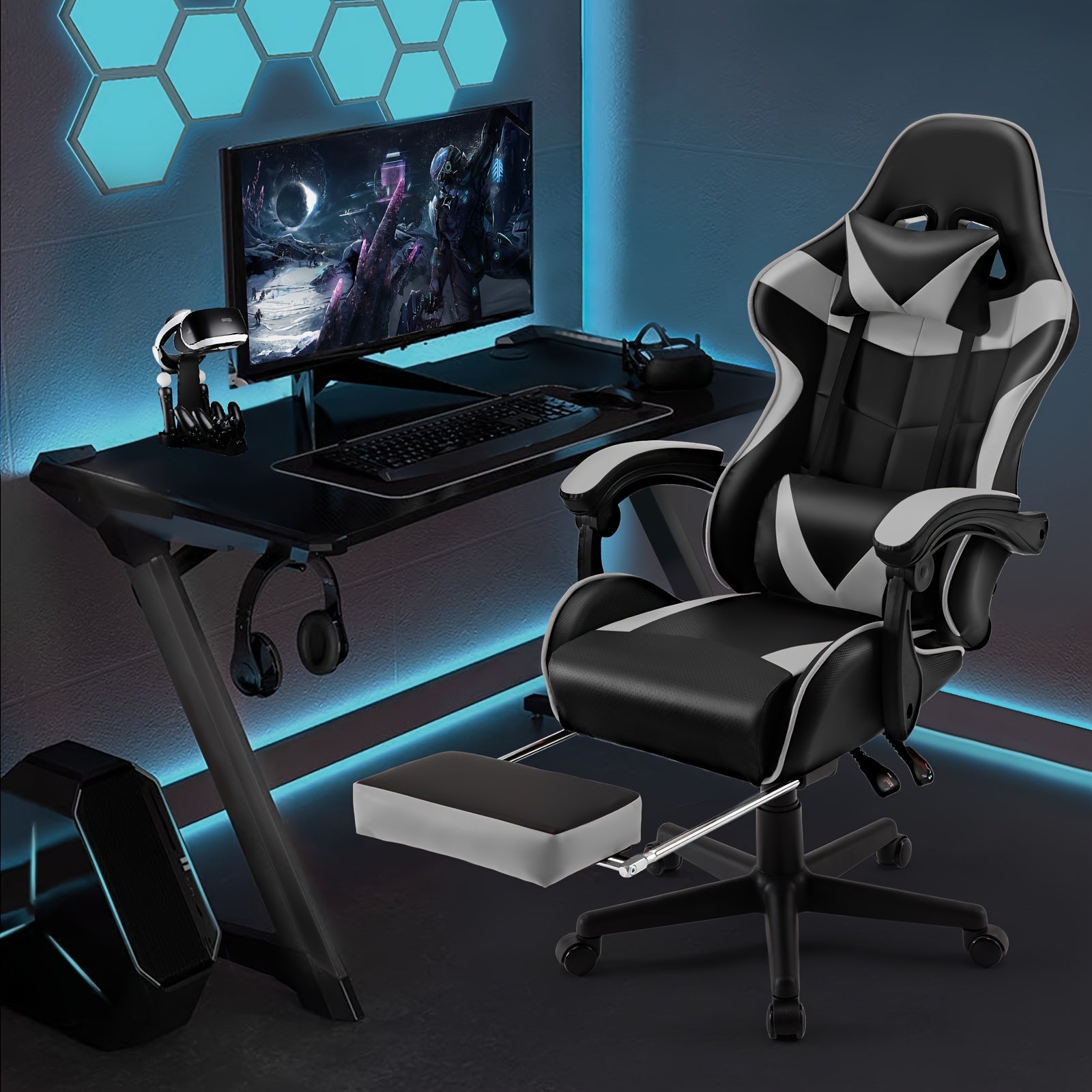 Ergonomic gaming chair with footrest, high back, adjustable headrest and lumbar support in white and black for home office.