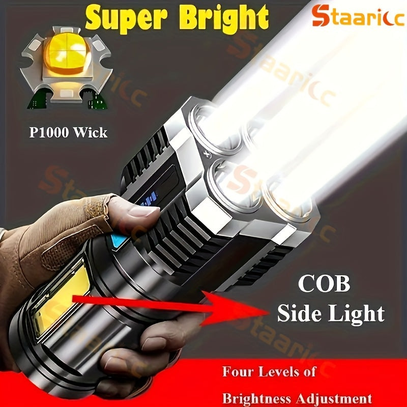 Staaricc LED flashlight with USB rechargeable COB side light, 4 modes, dimmable, push button control, IPX-4, ABS plastic, outdoor use, includes cable and 400mAh battery.