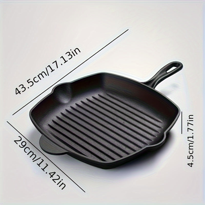 This new large steak frying pan is made of thickened cast iron, making it perfect for use in a new home. It can also be used for frying fish and features a special design that makes it compatible with both gas and electric stoves. The pan has a flat