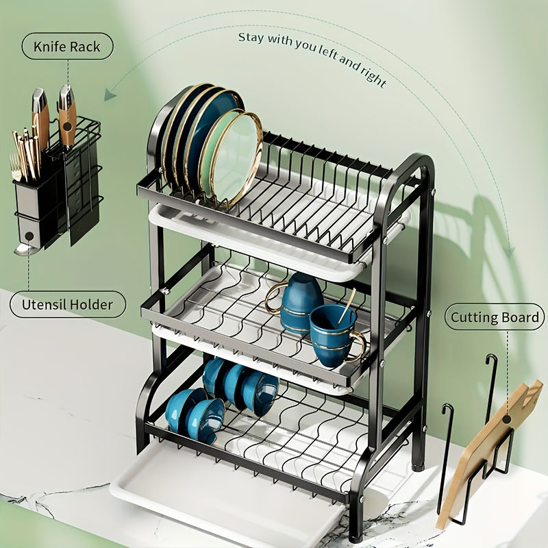 Modern 3-Tier Metal Dish Rack with Drainboard, Kitchen Organizer with Utensil Holder and Cup Stand