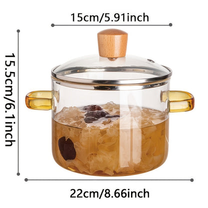 54oz Borosilicate Glass Cooker with Yellow Handle, Heat Resistant Transparent Soup/Congee pot that is suitable for use on stoves and ovens. Ideal for families and restaurants, perfect for preparing soups, milk, ramen and more. Easy to clean and odorless