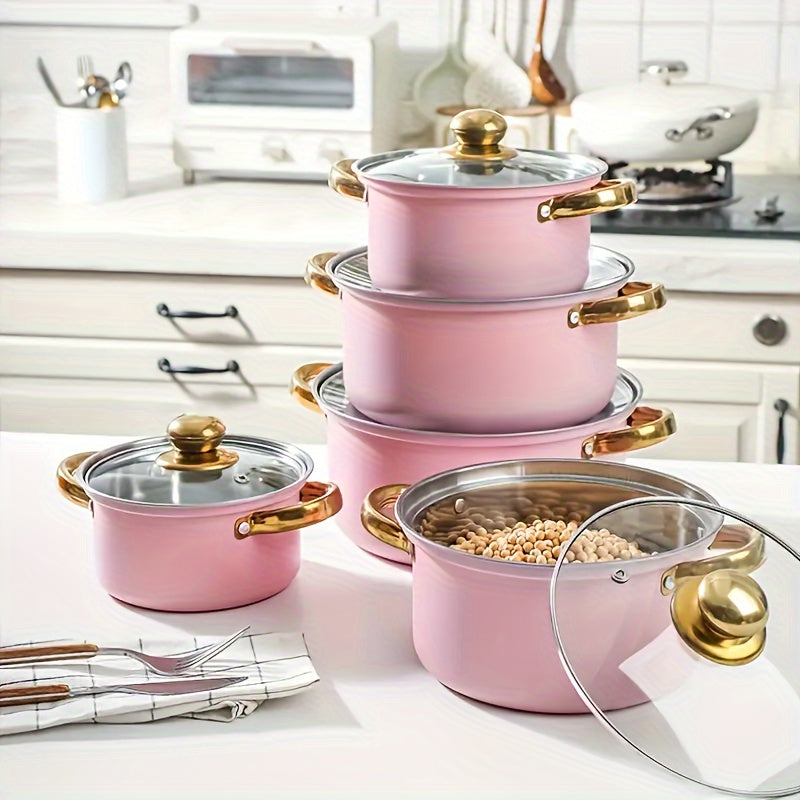 A set of 10 stainless steel soup pots including 5 pots and 5 lids, featuring glass lids and golden handles. These non-stick pots are perfect for a stylish addition to your kitchen and household cookware collection.