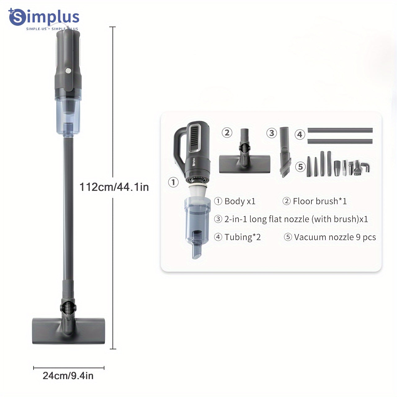 Simplus Vacuum Cleaner offers powerful cleaning with 16000PA suction, 400W power, and a 0.5L dust cup. The nine-piece set includes a dual filtration system and a 4-meter cord for