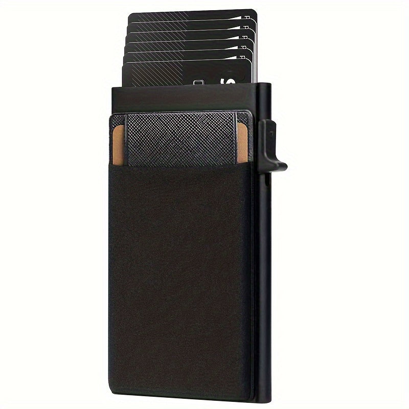 Innovative men's black aluminum wallet with RFID blocking, dual layer back, and card holder.