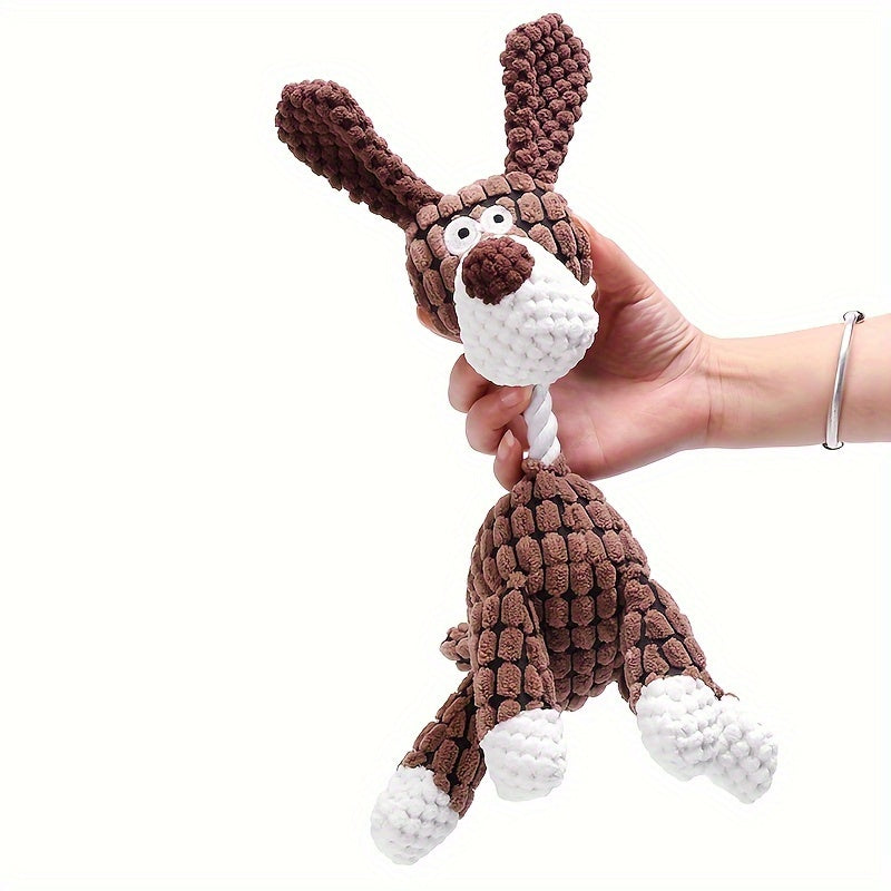 ""
Corduroy donkey-shaped chew toy with squeaker for dogs
""