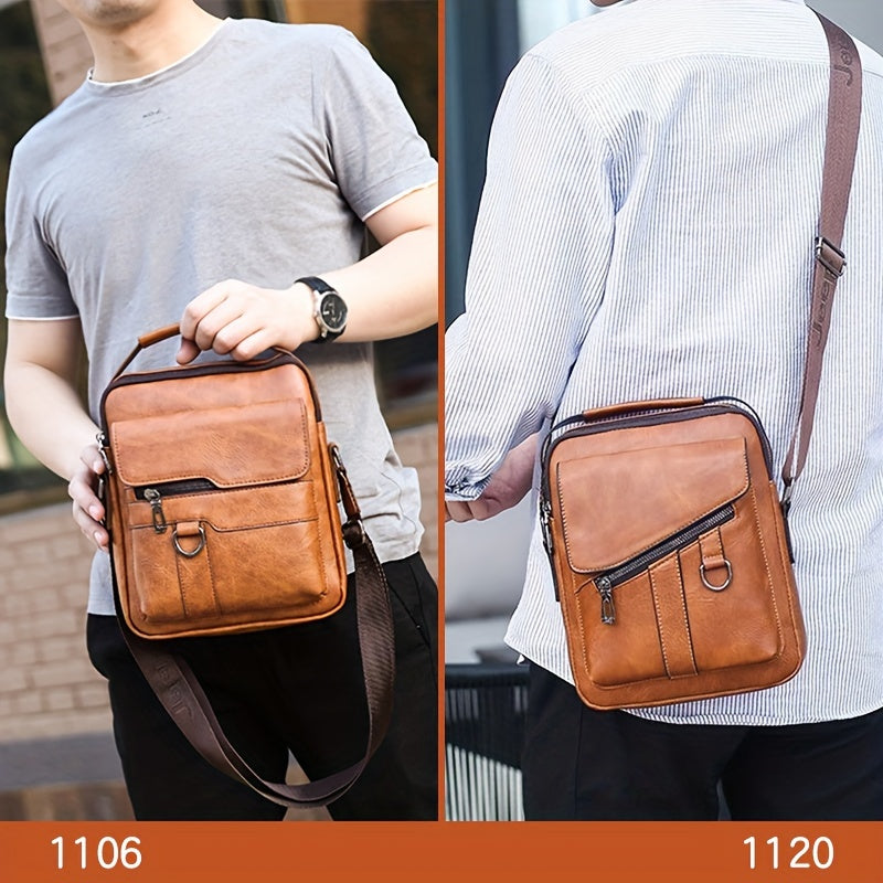 Men's large capacity crossbody bag with adjustable strap for daily commute and travel. Features multi-pocket design for business casual use, durable solid color with inner and outer pockets