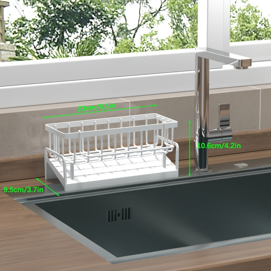 Set of organizer caddy for kitchen sink with towel bar, drip tray, and faucet drainer. Plastic sink storage rack for sponges and scrubbers. Hanging holder with towel rack, non-electric. 1 set included.