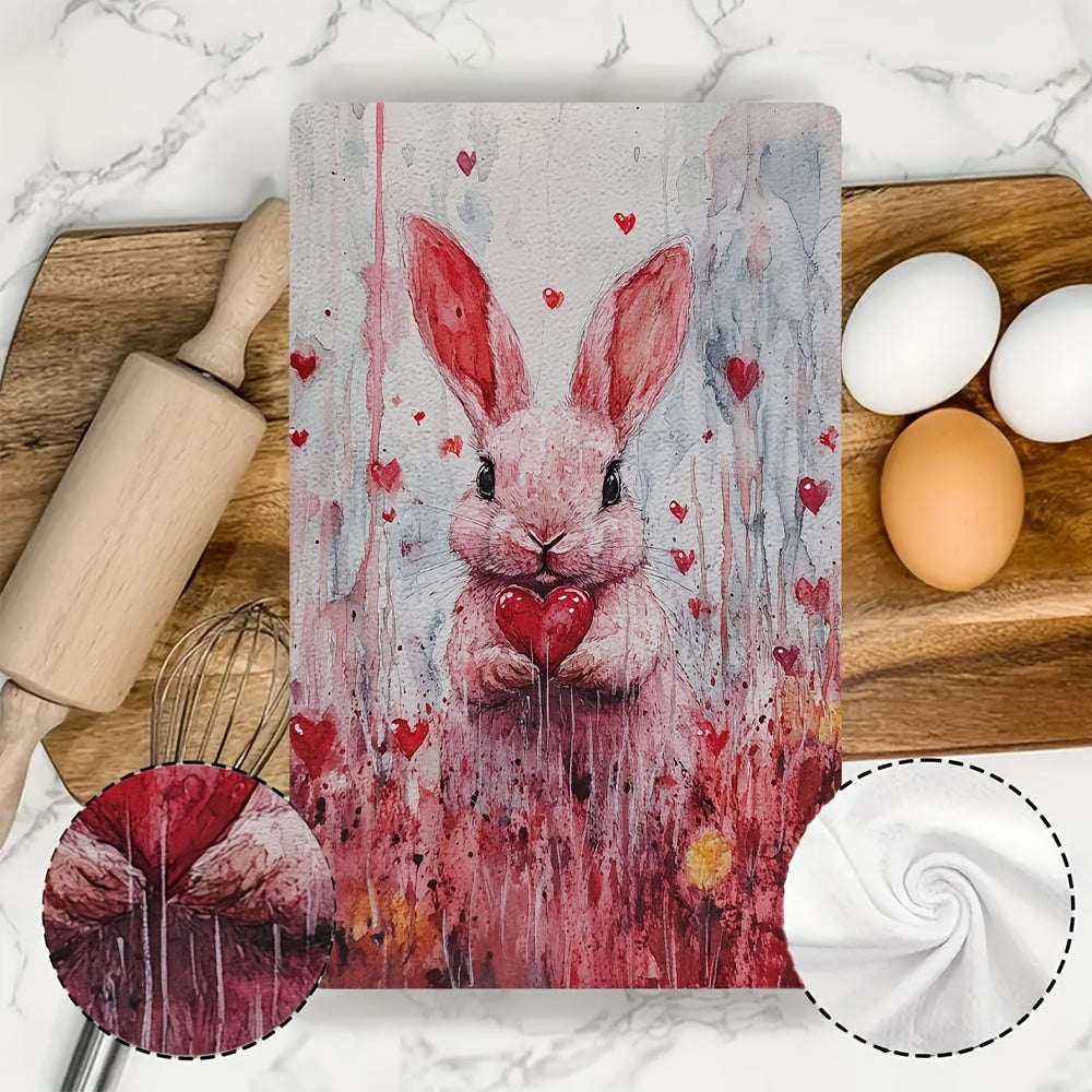 Two pieces of Valentine's Day Bunny Kitchen Towels, featuring a modern Coastal Style design. Made from highly absorbent polyester knit fabric that is machine washable. Each towel measures 40.64x60.96 cm, making them perfect for holiday decor. Item