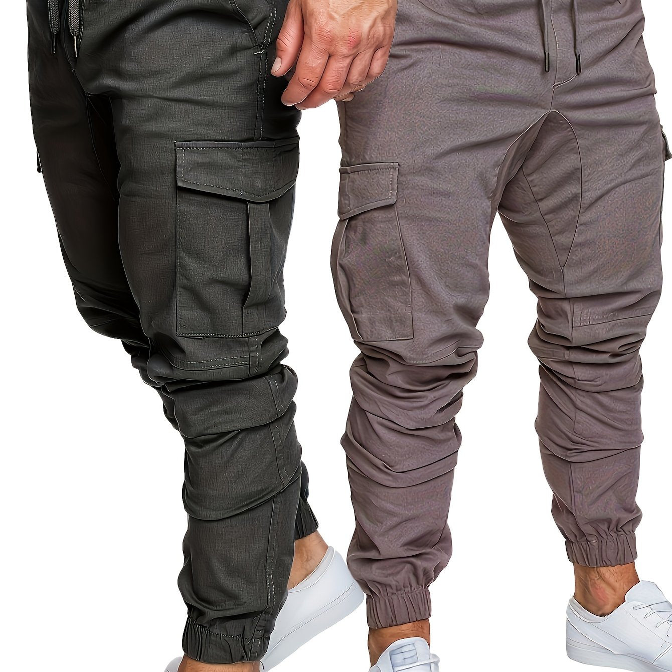 2-piece men's cargo pants set in solid color cotton with drawstring waist, regular fit, all-season wear.