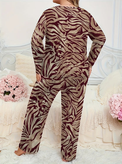 Ayollar uchun Leopard Print Pajama Set: 100% Polyester Trikotaj, Kattalar uslubi, Uzoq yeng va shimlar, Bahor/Kuz dam olish kiyimlari