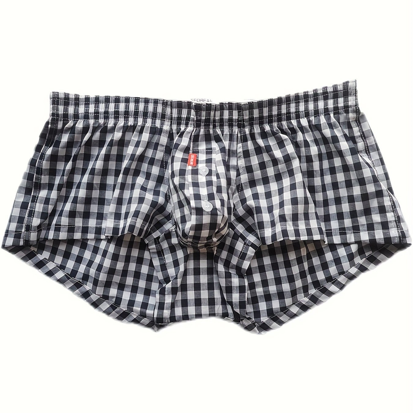 Men's flat corner underpants with front button opening, made of thin pure cotton, low waist sexy plaid shorts.