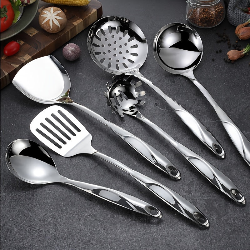 Kitchen Utensil Set made of 6 pieces of Stainless Steel - Shiny and long-lasting cooking tools such as Spatula, Ladle, Slotted, and Serving Spoons - Perfect for Non-Stick Cookware