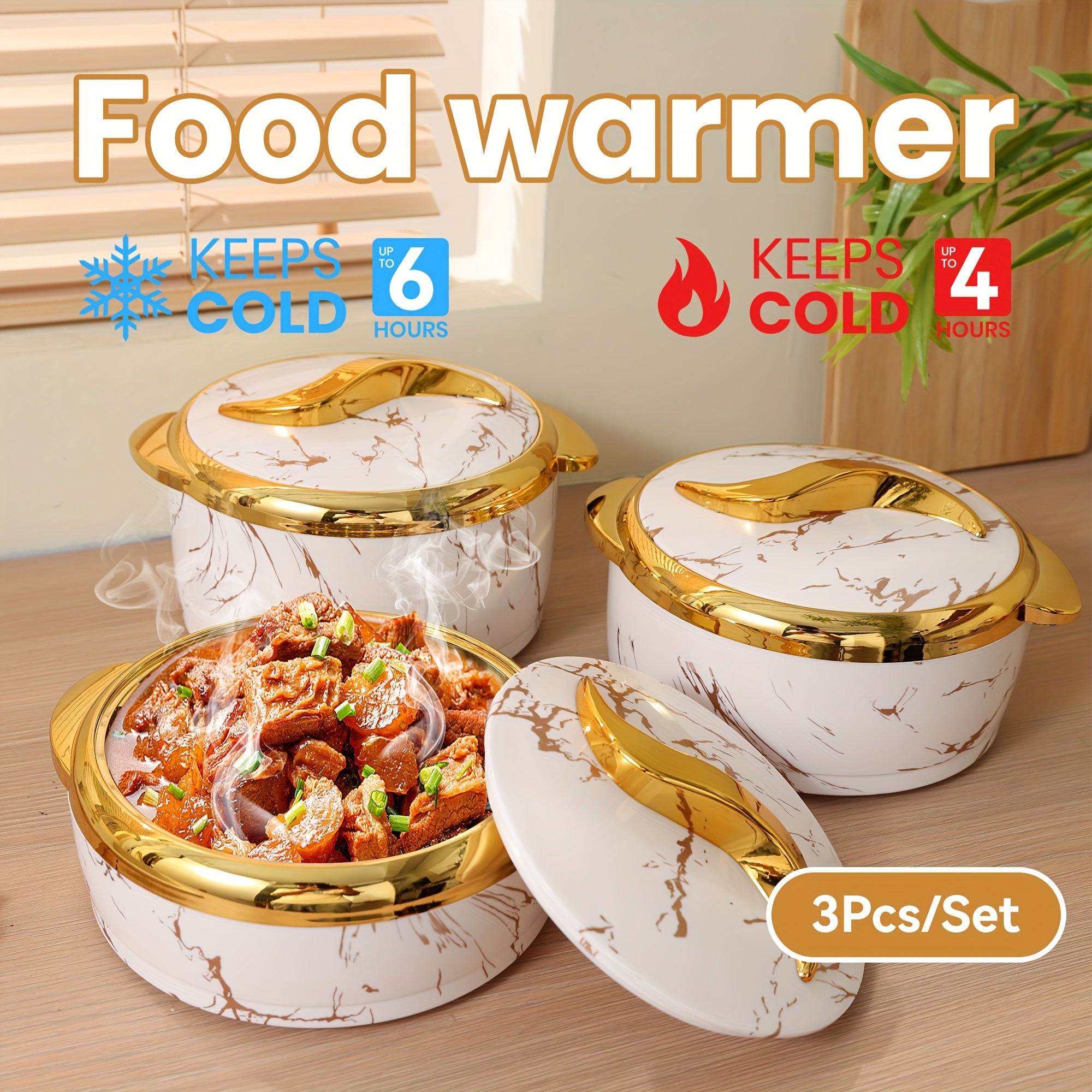 Golden Touch Food Warmer Set with 3 insulated stainless steel containers in various sizes, designed in white and golden marble. Keeps food hot for 6 hours and cold for 4 hours, perfect for