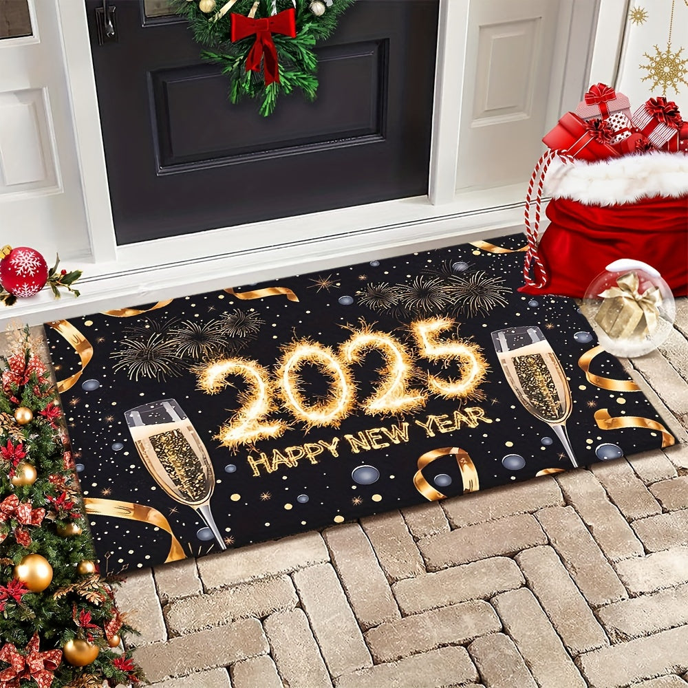 1 piece of rectangular polyester fiber doormat for the year 2025, featuring a festive Champagne cup print. This non-slip mat is machine washable and perfect for entryways, kitchens, living rooms, bedrooms, and bathrooms. It is lightweight, easy to clean