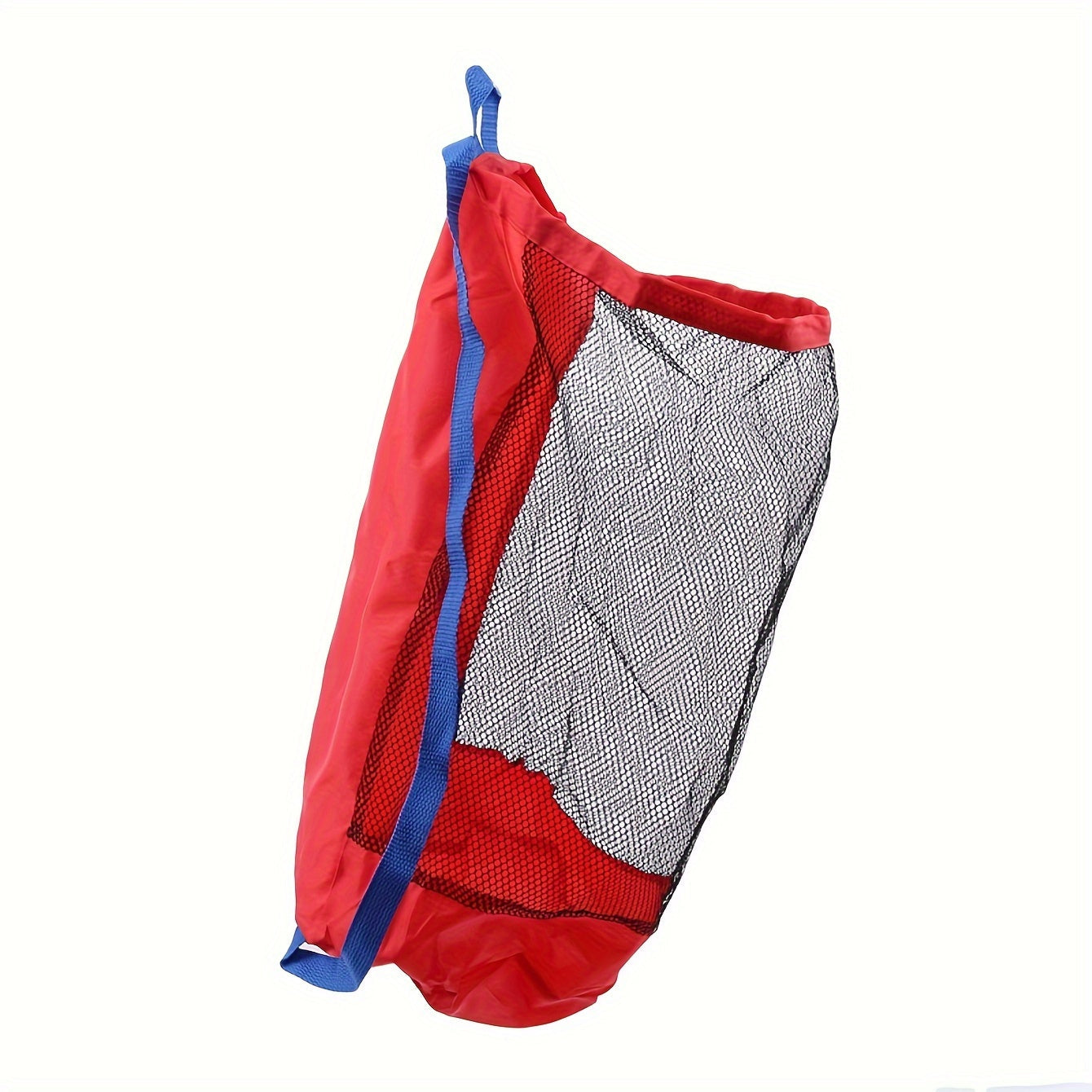 Red Mesh Storage Backpack with Breathable Fabric - Convenient Lightweight Travel Organizer for Beach Toys, with Drawstring Closure and Includes Storage for Sand Digging Tools, Perfect for Outdoor Play Essentials.