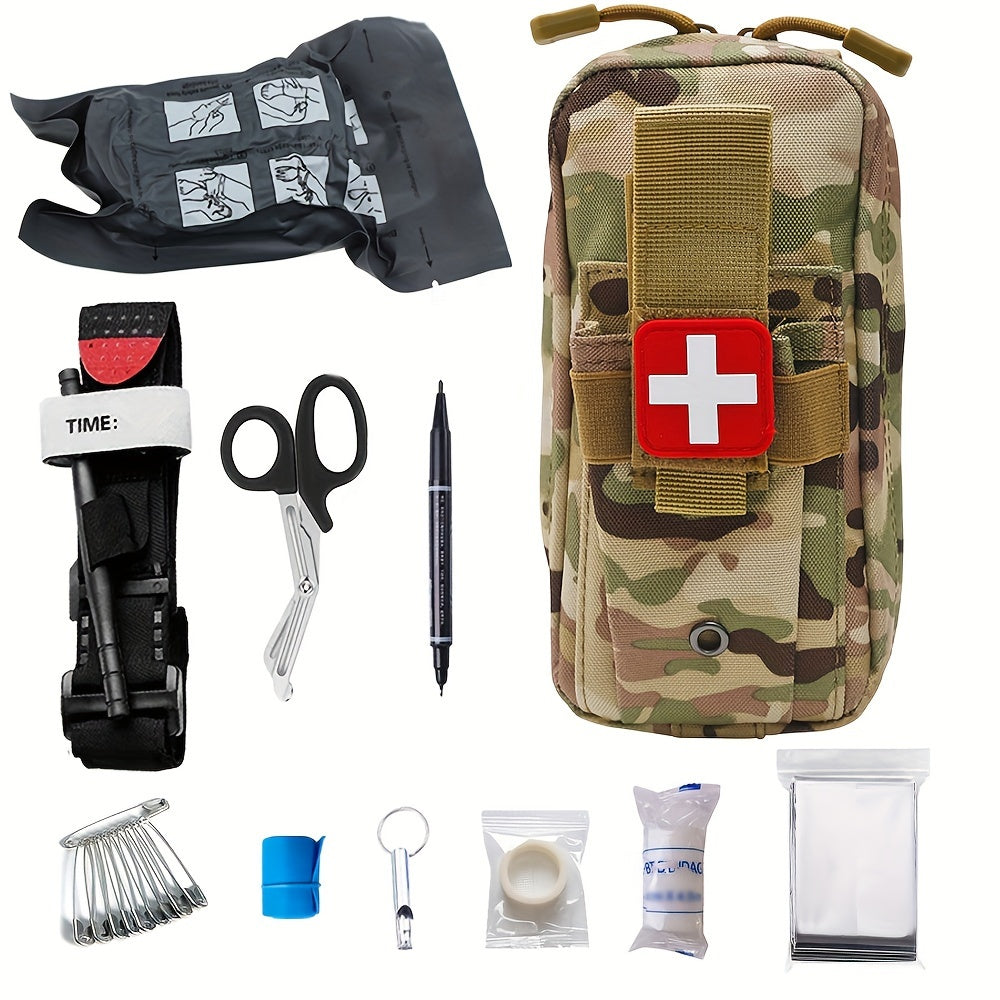 Emergency outdoor adventure equipment set with medical bag, first aid survival kit, tourniquet bag, and camping supplies.