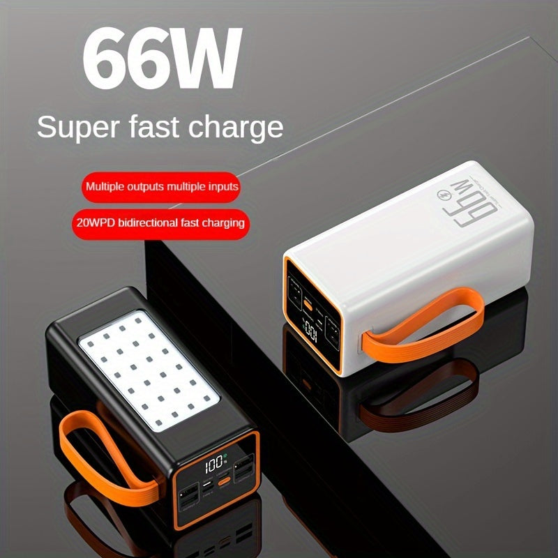 Portable power bank with 66W super fast charging, 30000mAh or 50000mAh capacity for outdoor use.