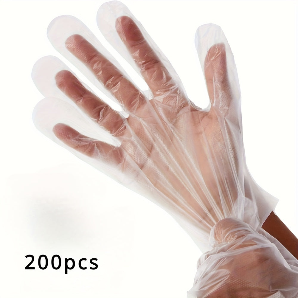 200 pieces of disposable plastic gloves made from waterproof PET (Polyethylene Terephthalate), free from lead. Ideal for cooking, food preparation, BBQ, kitchen use, restaurant service, and craft making.