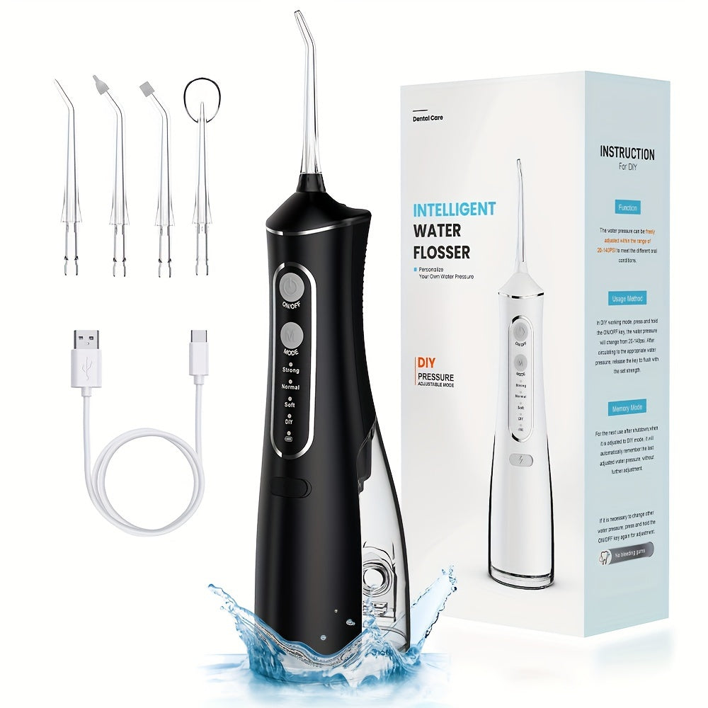 Cordless water flosser with 4 cleaning modes, USB rechargeable, 1500mAh battery, travel-friendly.